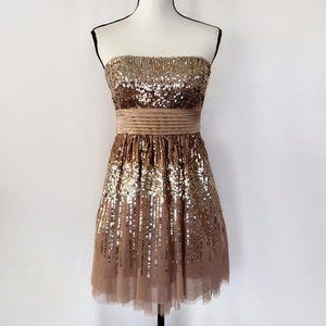 BCBGMaxAzria Convertible Strap Silk and Tulle Sequined Party Dress